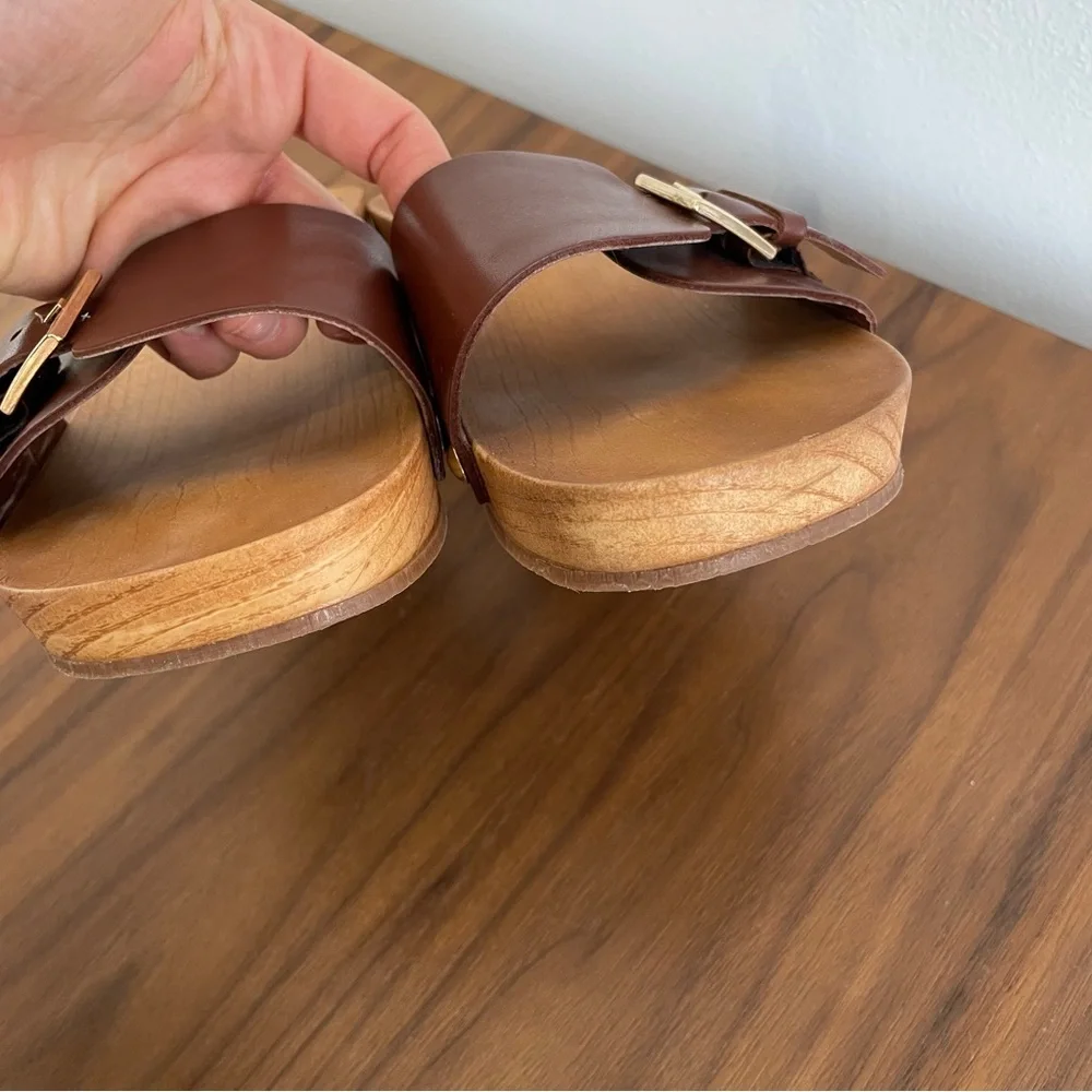 Zara flat leather sandals with wood effect soles cognac brown leather upper - Picture 4 of 11